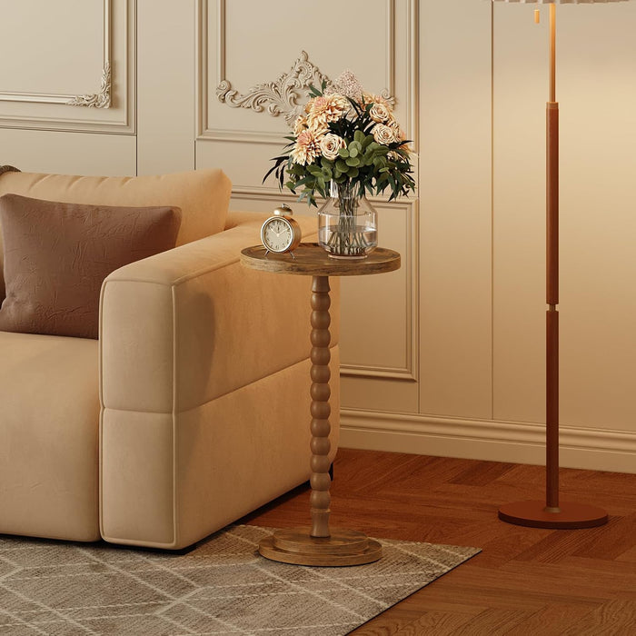 Set of 2 Small round Side Tables, Drink Tables with Solid Wood Legs, Martini Tables with Pedestal Accent, for Small Space, Living Room, Bedroom, Sofa Couch, Rustic Brown FG187BZP201