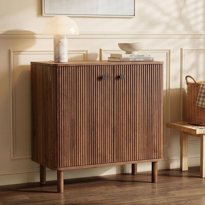 Fluted Sideboard Buffet Cabinet with Storage, 31'' Solid Wood Leg Walnut Wood Buffet with Adjustable Shelves, 210° Wide-Open Door, Rounded Credenza for Kitchen Living Room Entryway