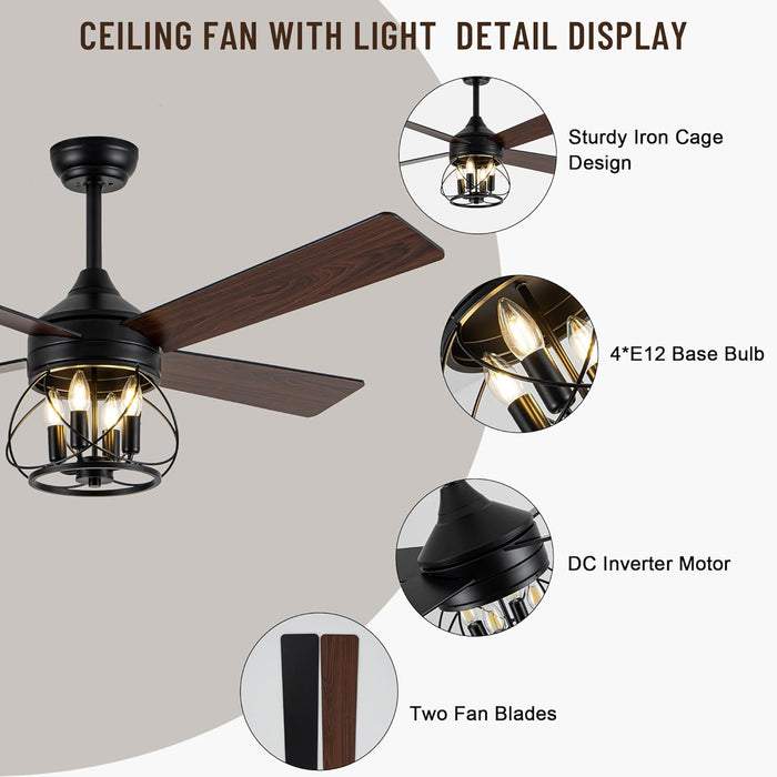 52 Inch Farmhouse Ceiling Fan Silent Motor Remote