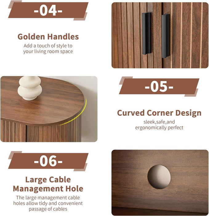 70.87”Tambour TV Stand for 50-80 Inch, Mid Century Entertainment Center with Large Storage Cabinet & Open Shelves, TV Console with Sliding Doors for Living Room, Bedroom(Walnut, 70.87Inch)