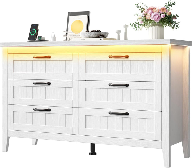 Farmhouse 6 Drawer Dresser with Charging Station & LED Lights, Slim Wooden Bedroom Dresser, Rustic Chest of Drawers Clothes Storage Organizer for Closet Dorm Apartments, White