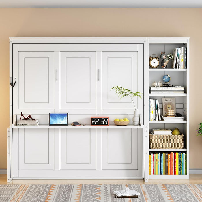 Queen Murphy Desk Bed White With IntegratedShelving
