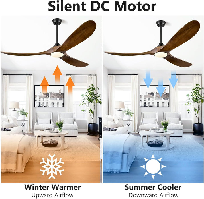 60 Inch Ceiling Fans with Lights, Solid Wood Propeller Ceiling Fans with Lights and Remote Control Outdoor Ceiling Fan for Patios Propeller 3 Blades for Indoor Living Room, Walnut Wood