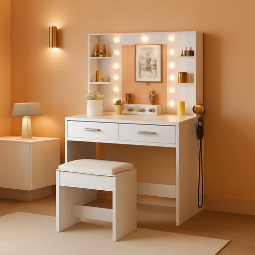 Makeup Vanity Desk with Mirror and Lights Power Outlet, Vanity Table Makeup Desk 2 Drawers, 6 Storage Shelves Hairdryer Holder & Bench Dressing Table for Bedroom (White, with Bench)