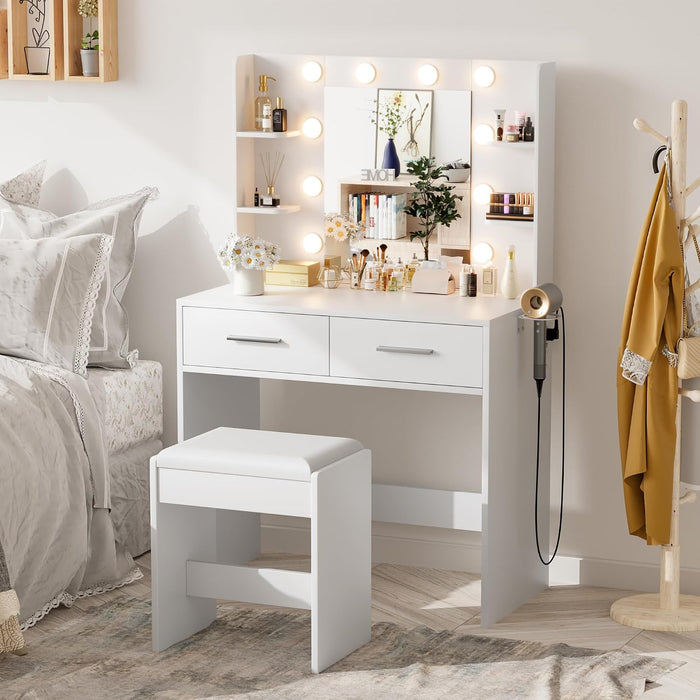 Makeup Vanity Desk with Mirror and Lights Power Outlet, Vanity Table Makeup Desk 2 Drawers, 6 Storage Shelves Hairdryer Holder & Bench Dressing Table for Bedroom (White, with Bench)