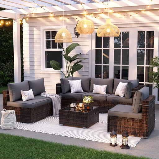 Patio Furniture Set, 7-Piece Outdoor Sectional with Waterproof Cover, All-Weather Wicker Patio Conversation Sets for Backyard (Brown with Grey Cushion)