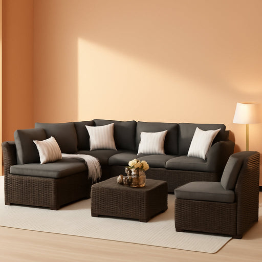 Patio Furniture Set, 7-Piece Outdoor Sectional with Waterproof Cover, All-Weather Wicker Patio Conversation Sets for Backyard (Brown with Grey Cushion)