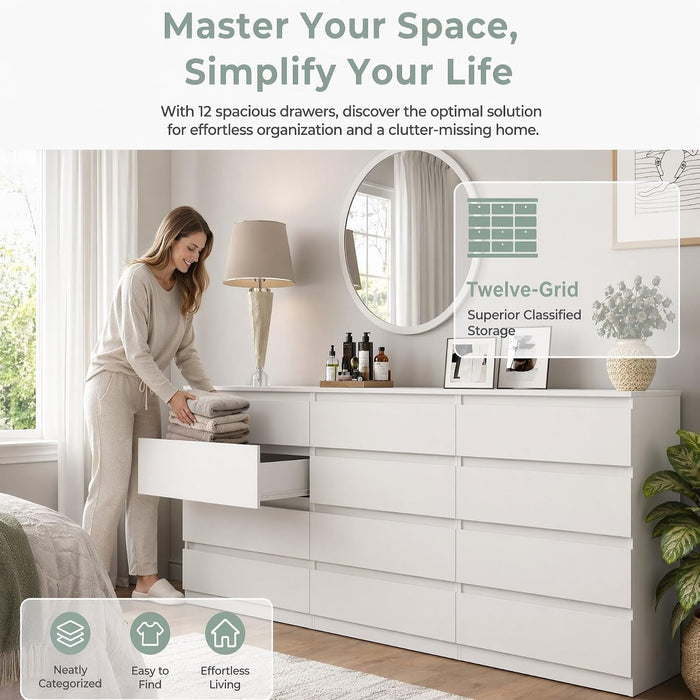 White 12 Drawer Dresser for Bedroom,Modern Long Deep Drawer Dresser,Wood Storage Chest of Drawer, Storage Organizer Drawers for Living Room