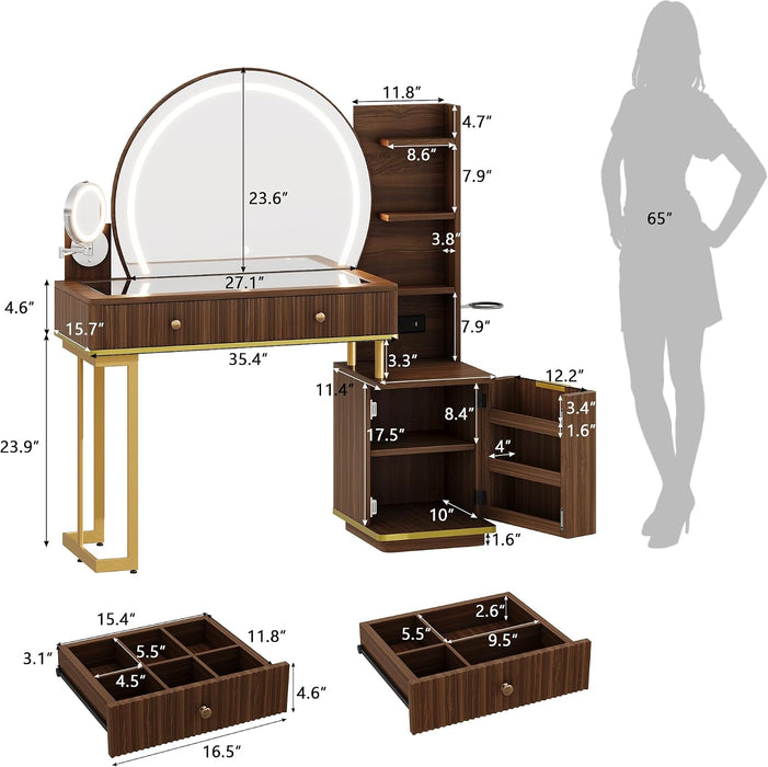 Makeup Vanity Desk with round Mirror and Lights, Glass Top Vanity Table W/5X Magnifying Makeup Mirror, Dressing Table W/Power Outlets, Doorshelves & Adjustable Storage, Dark Brown