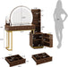 Makeup Vanity Desk with round Mirror and Lights, Glass Top Vanity Table W/5X Magnifying Makeup Mirror, Dressing Table W/Power Outlets, Doorshelves & Adjustable Storage, Dark Brown
