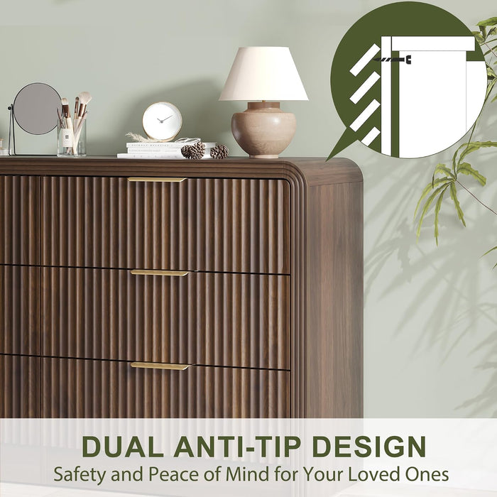 55" W Fluted 6-Drawer Dresser for Bedroom, Walnut