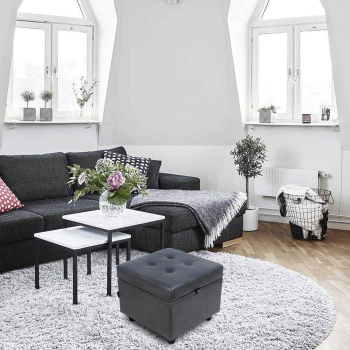 Tufted Leather Square Flip Top Storage Ottoman Cube Foot Rest (Grey with Storage)