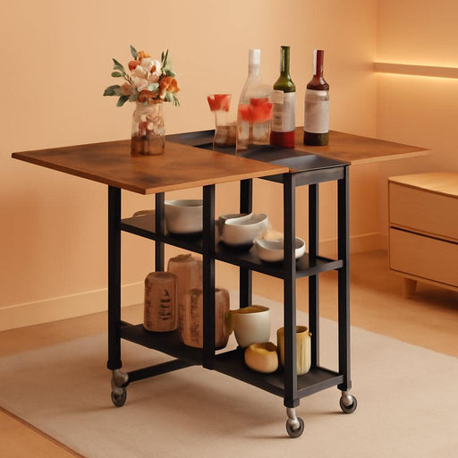 Folding Dining Table, Movable Dining Table, Expandable Kitchen Table, Versatile Table with 6 Wheels and 2-Tier Shelf, for Dining, Living Room, Apartment, Rustic Brown TCZ01BF