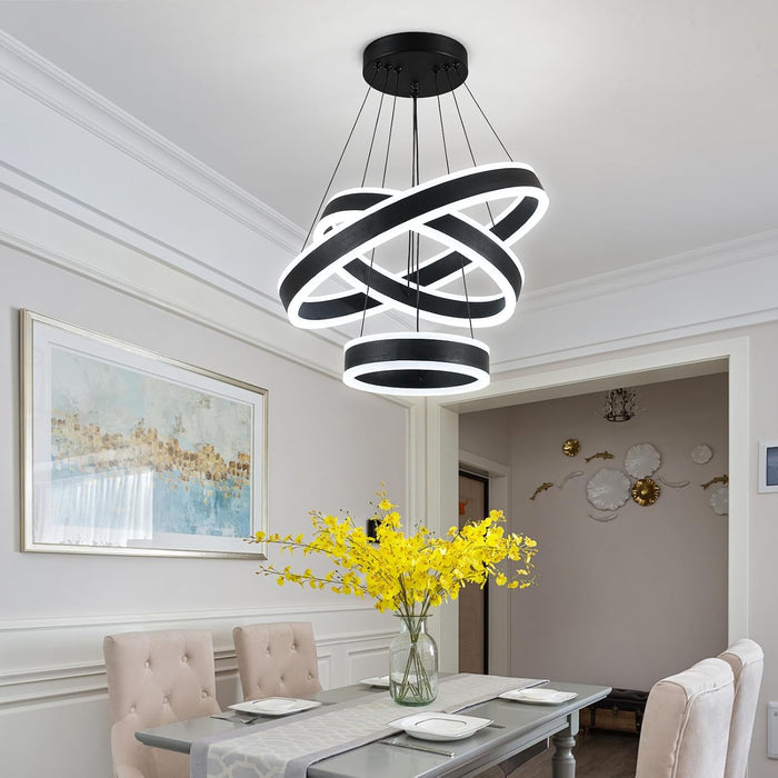 Modern LED Chandeliers Adjustable Hanging Black Pendant Light Fixture 3 Ring Flush Mount Chandeliers for Bedroom,Kitchen,Island Cafe