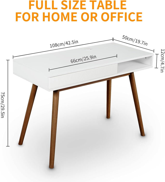 White Writing Desk with Drawers Mid Century Modern Desk, Wood Office Desk Computer Desk Vanity Desk for Small Space, White Desk with Walnut Legs