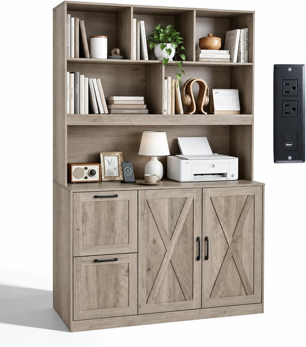 72'' Tall Bookshelf with Power Outlet, 2 Drawer File Cabinet for A4 Hanging Files, 3-Tier Open Shelves & Closed Storage Cabinets, Multifunctional Printer Stand - Greige