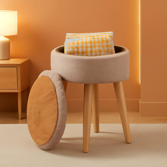 Storage Ottoman Linen round Vanity Stool Tray Top Modern Foot Stool with Wood Legs Multifunctional Upholstered Foot Ottoman Rest for Living Room, Bathroom, Makeup (Khaki)
