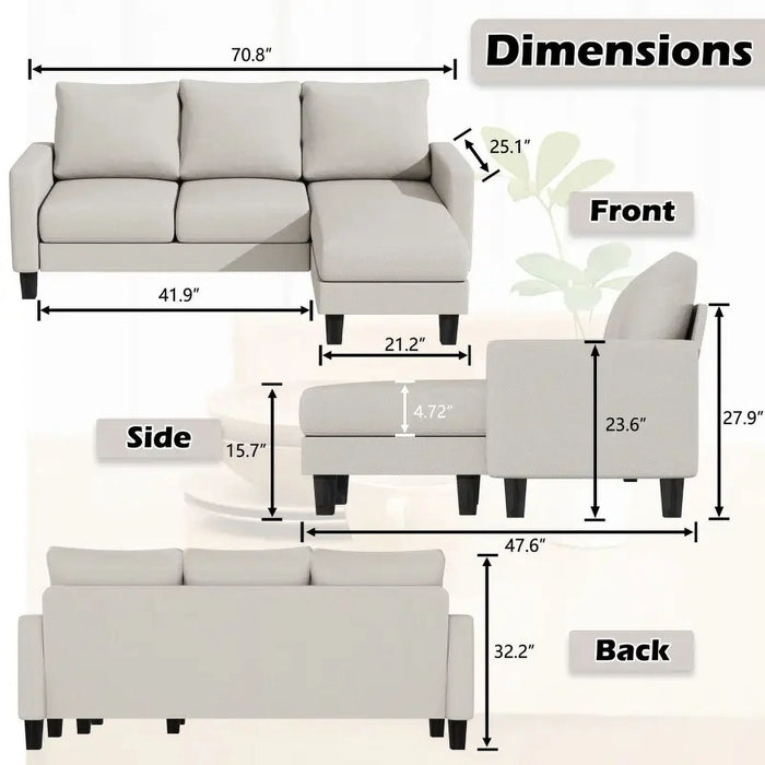 Convertible Sectional Sofa Couch, 3 Seat L-Shaped Sofa,White