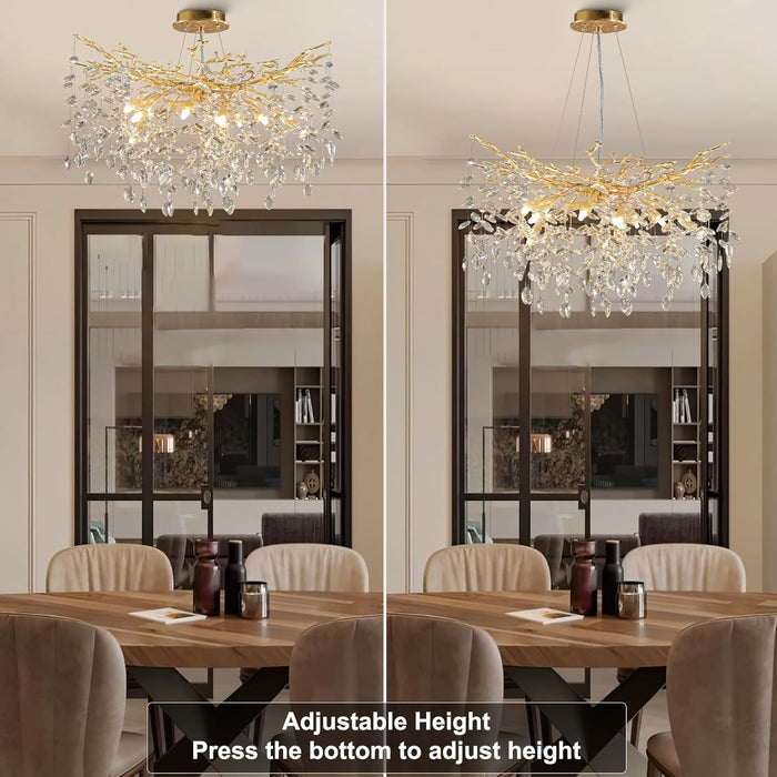 Modern Crystal Chandelier, 30" Gold Tree Branch Chandelier, 10-Light round Chandeliers for Dining Room, Living Room, Kitchen, Foyer, Entryway, Bedroom, Luxury K9 Crystal Raindrop Light Fixture