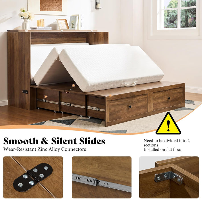 Full Murphy Bed Cabinet with Charging Station and Storage, Farmhouse Foldable Platform Bed for Guest Room, Office, Small Spaces, Barnwood