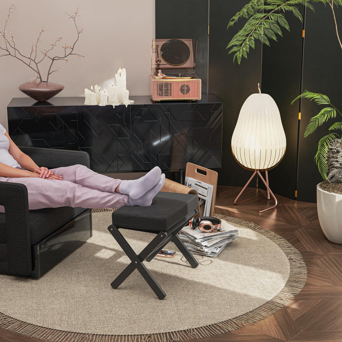 Foldable Foot Stool Ottoman, Modern Foot Rest with Bamboo X Legs & Thick Foam Cushion, Folding Foot Stools Small Padded for Bedroom Living Room, Footstool for Chair Couch (Black - Black)