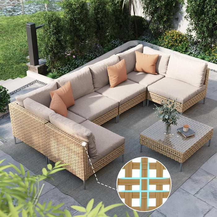 7-Piece Wicker Patio Furniture Set, Boho Outdoor Conversation Set Sectional Sofa with Water Resistant Thick Cushions and Coffee Table, Beige