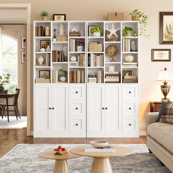 Bookshelf with 2 Doors and 3 Drawers, 71" Storage Bookcase, White