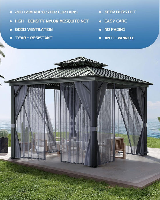 10'X10' Hardtop Gazebo with Curtains and Netting, Galvanized Aluminum Double Layer Iron Roof Weather Resistant, Spacious, Easy Assembly, Patio Gazebo for Patio, Garden and Lawn