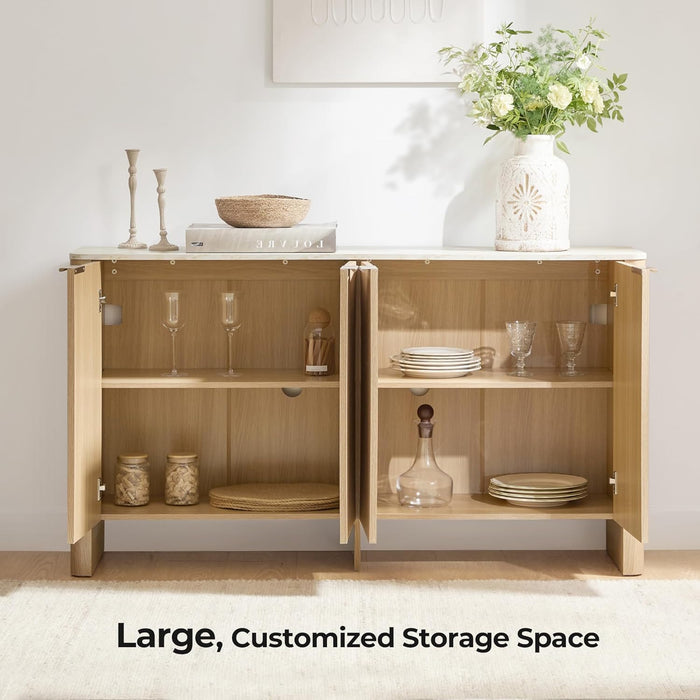 61" Sideboard Buffet Cabinet with Storage, Living Room Accent Cabinet with Doors and Adjustable Shelves, for Bar, Kitchen, Oak - Faux Marble