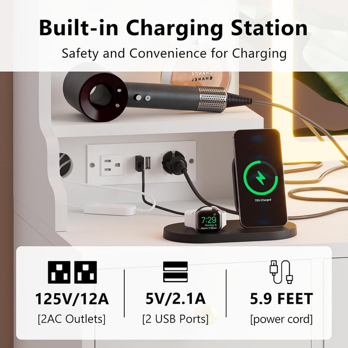 White Makeup Vanity Desk with Mirror and Lights, Large Vanity Table Set with Charging Station, Dressing Table with RGB Cabinets, Makeup Vanity Mirror with Light Desk and Drawers, 3 LED Light Modes