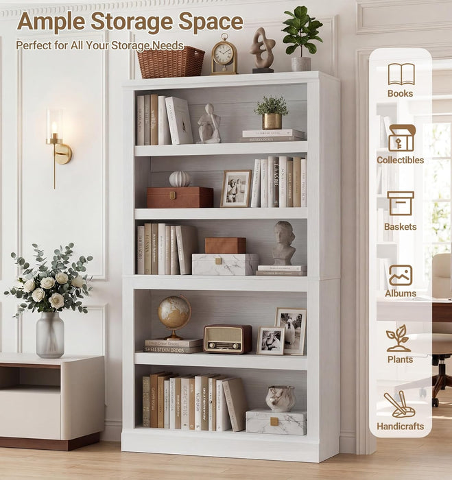 White Durable Five Tier 71Inch Adjustable Bookcase