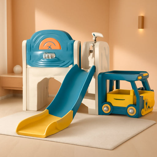 9-In-1 Toddler Slide, Bus-Themed Baby Slide and Climber Playset with Basketball Hoop, Ring-Toss, Car Playhouse, Kids Indoor and Outdoor Playground