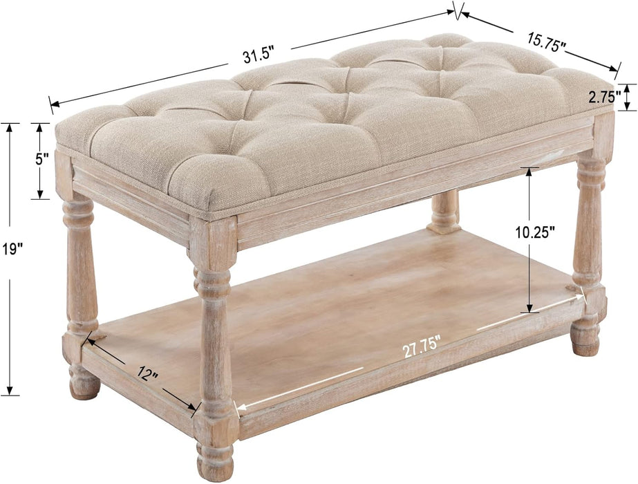 Farmhouse Tufted Storage Ottoman Bench with Shelf, 31.5" Width Linen Upholstered Entryway Shoe Ottoman Foot Stool for Bedroom Living Room Dining Room, Beige