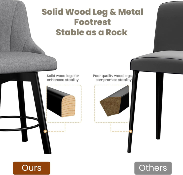 Swivel Bar Stools with Backs, 24" Counter Height Bar Stools Set of 2, Fabric Upholstered Counter Bar Stools with Solid Wood Legs for Kitchen Island, Home Bar, Dark Gray