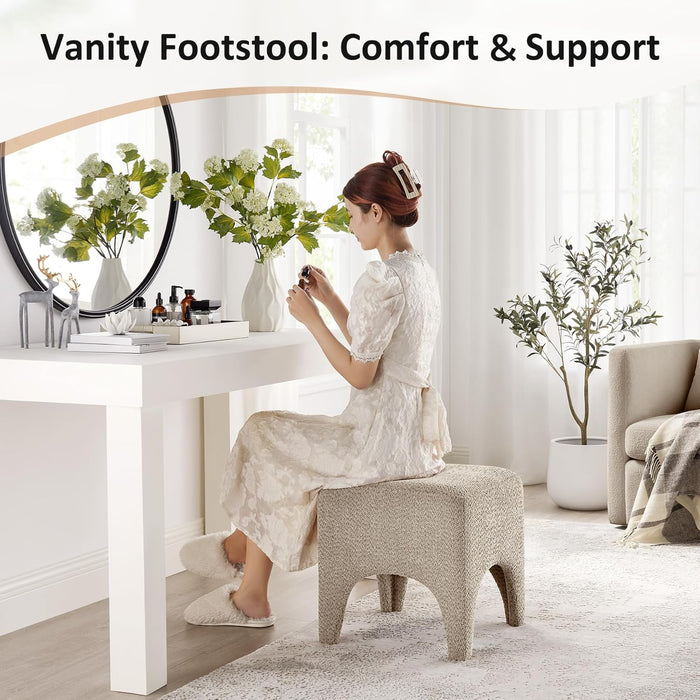 17" Boucle Modern Square Foot Stool Ottoman, Vanity Stool for Makeup, Rectangle Foot Rest for Couch, Upholstered Ottoman Stool for Living Room, Bedroom, Entryway (1, Camel)