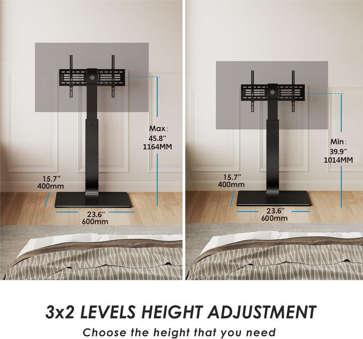 Swivel Floor TV Stand with Mount for Tvs 37 43 50 55 60 65 70 75 Inch LCD LED Flat/Curved Screens Universal Swivel Televisions TV Mount Stand for Bedroom Living Room Black Tempered Glass Base