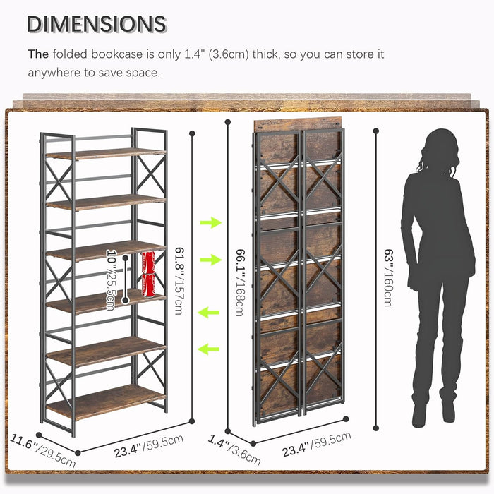 Six Tier Foldable Brown Bookcase Industrial Finish