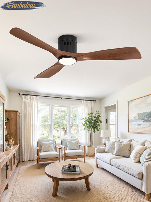 52" Ceiling Fans with Lights and Remote Control,Modern Flush Mount Ceiling Fan with 3 Cct,Low Profile Ceiling Fans with 6-Speeds Reversible DC Motor for Patio Living Room Bedroom(Walnut)
