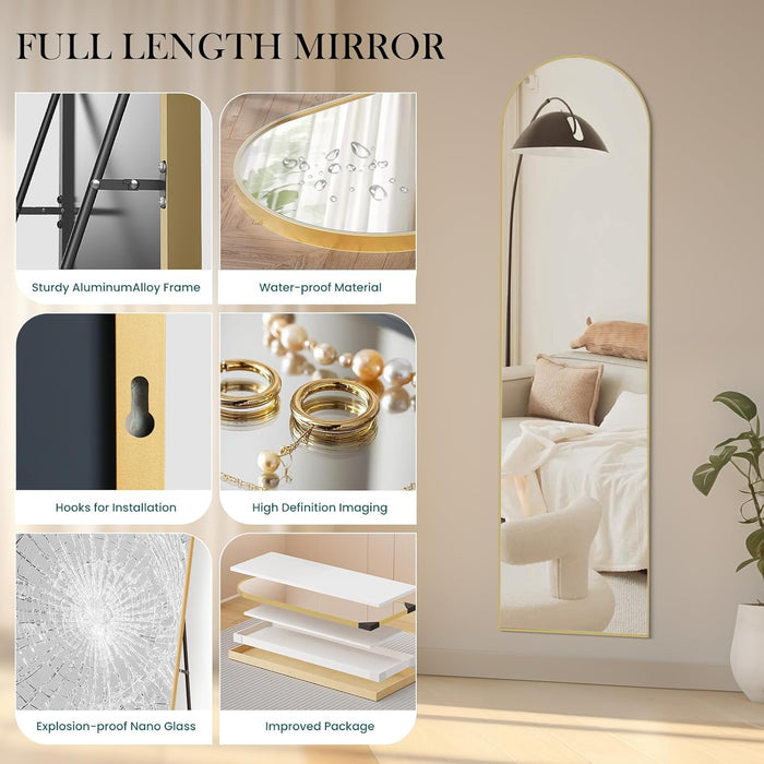 59"X16" Arched Full Length Mirror, Full Body Mirror with Aluminum Alloy Thin Frame, Leaning or Standing, Suitable for Bedroom, Livingroom, Cloakroom, Gold