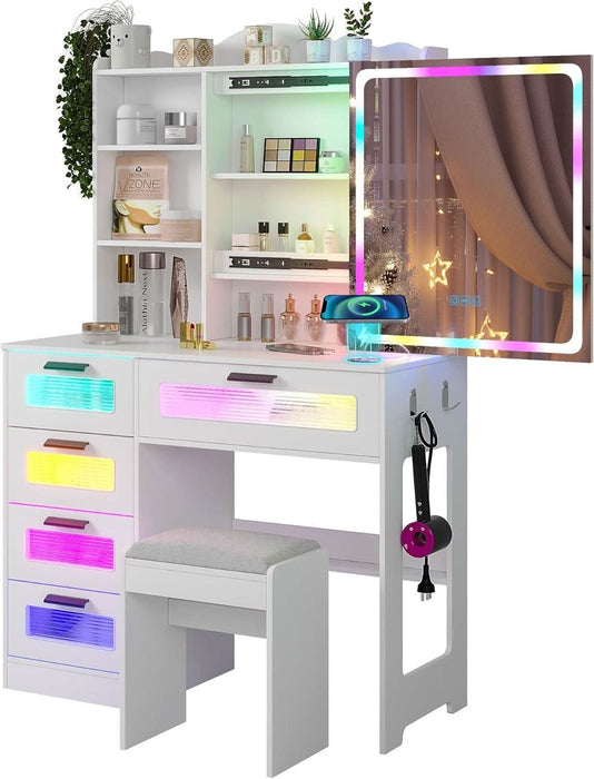 Vanity with LED Mirror, 6 Drawer Dresser with Charging Station for Bedroom, Small Makeup Vanitys Table with RGB Light, Vanity Set with Chair,Jewelry Organizer for Girls-White