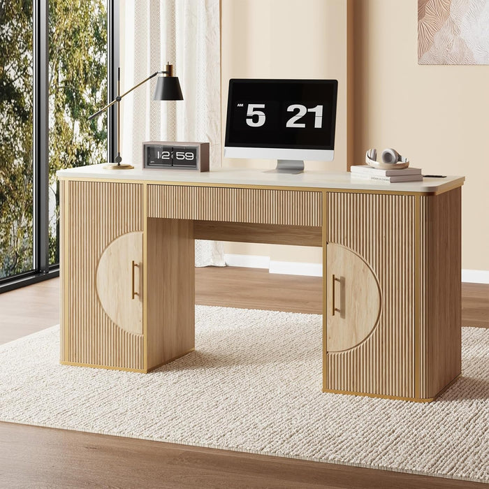 60" Fluted Computer Desk, Wooden Long Home Office Writing Desk with Drawer & Storage Cabinet, Modern Writing Table with Charging Station, High Executive Desk for Office，Bedroom, Nature Oak