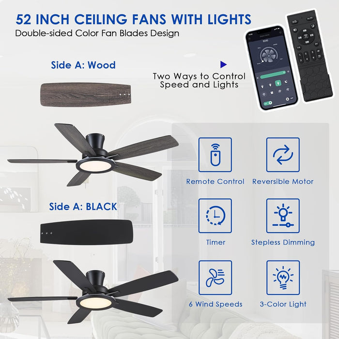Flush Mount Ceiling Fan with RGB Light - 52In Black Ceiling Fan Light with Reversible Mute Motor, LED 3CCT Dimmable, Low Profile Modern Ceiling Fans for Indoor, Party, Covered Outdoor