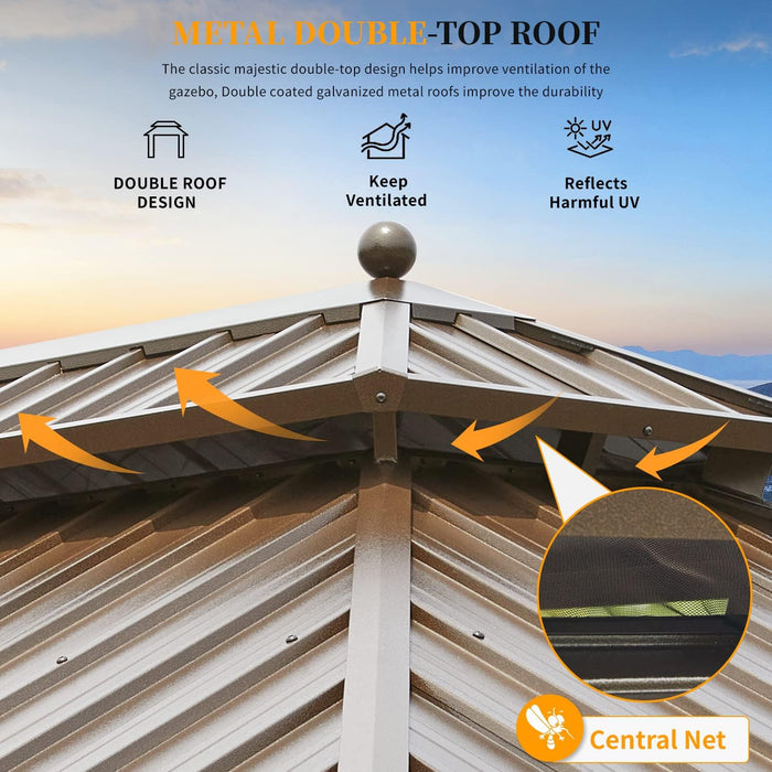 10' X 13' Hardtop Gazebo Galvanized Steel Outdoor Patio Gazebo Canopy Double Roof Pergolas Aluminum Frame with Netting and Curtains for Garden, Patio, Lawns, Parties