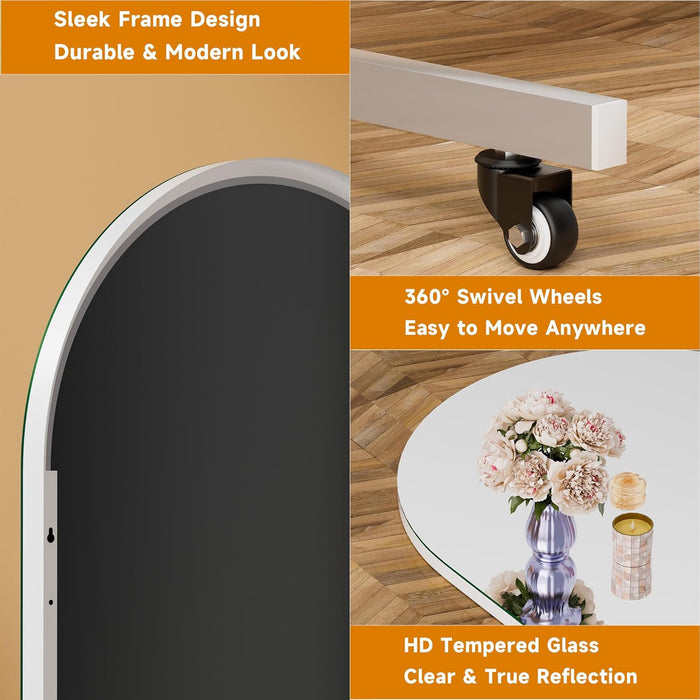 79" X 32" Arched Rolling Home Gym Mirror with Wheels, 360° Swivel Body Mirror with HD Tempered Glass, Large Floor Mirror for Yoga Room, Dance Studio, Bedroom & Home Gym