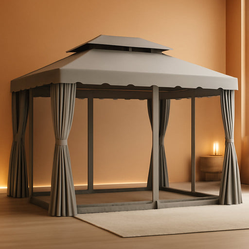 10' X 13' Patio Gazebo, Outdoor Gazebo Canopy Shelter with Netting and Curtains, Aluminum Frame for Garden, Lawn, Backyard and Deck, Gray