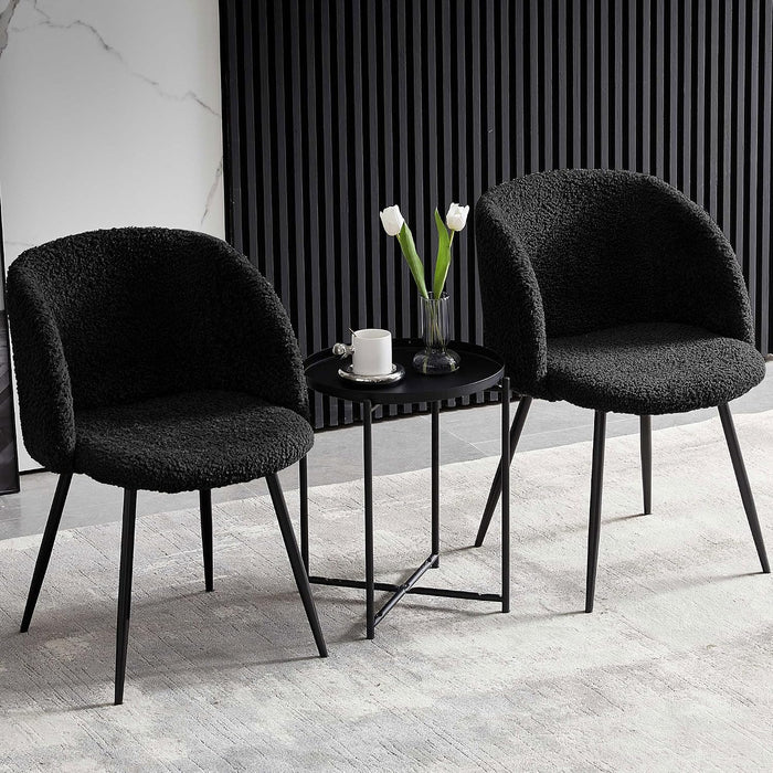 Accent Chairs Set of 2, Fuzzy Sherpa Dining Chairs with Barrel Back, Upholstered Faux Fur Armchairs with Black Metal Leg, Living Room Chairs (Black)