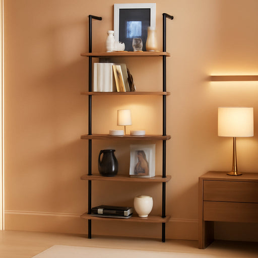 Nathan James Theo 5-Shelf Oak Wood Modern Bookcase, Open Wall Mount Ladder Bookshelf with Industrial Black Metal Frame