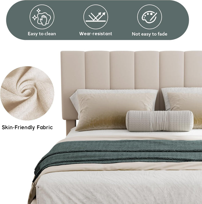 Gas Lift up Storage Platform Bed, Upholstered Bed Frame with Hydraulic Storage System and Wooden Slat Support, Queen Size, Beige