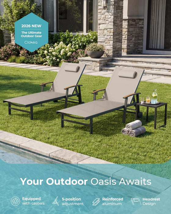 Outdoor Lounge Chair with Pillow, 5-Position Aluminum Chaise Lounge with Wheels & Armrests, 400 Lbs Heavy Duty Patio Pool Chair for Deck, Backyard, Beach & Poolside, Khaki