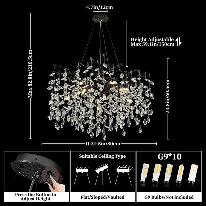 31.5" Tree Branch Chandelier Black 10-Light Crystal Chandelier